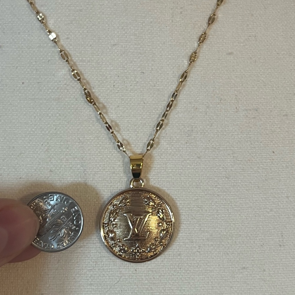 Gold Vintage LV Stamped Upcycled Charm Pendant Necklace - Picture 6 of 9